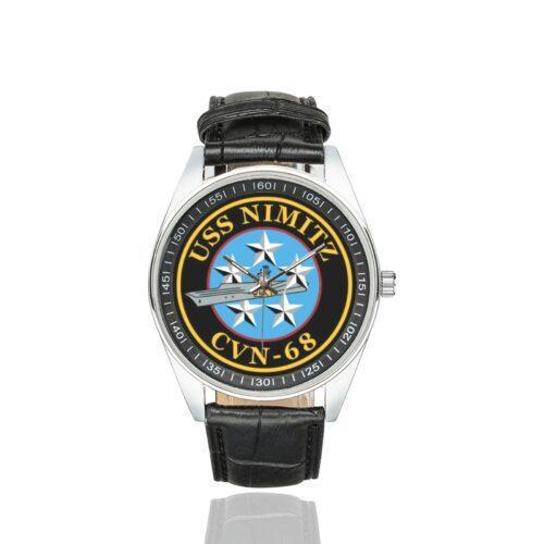 Men's casual watch with a round dial featuring the s-l1600 emblem, silver-tone case and black leather strap.