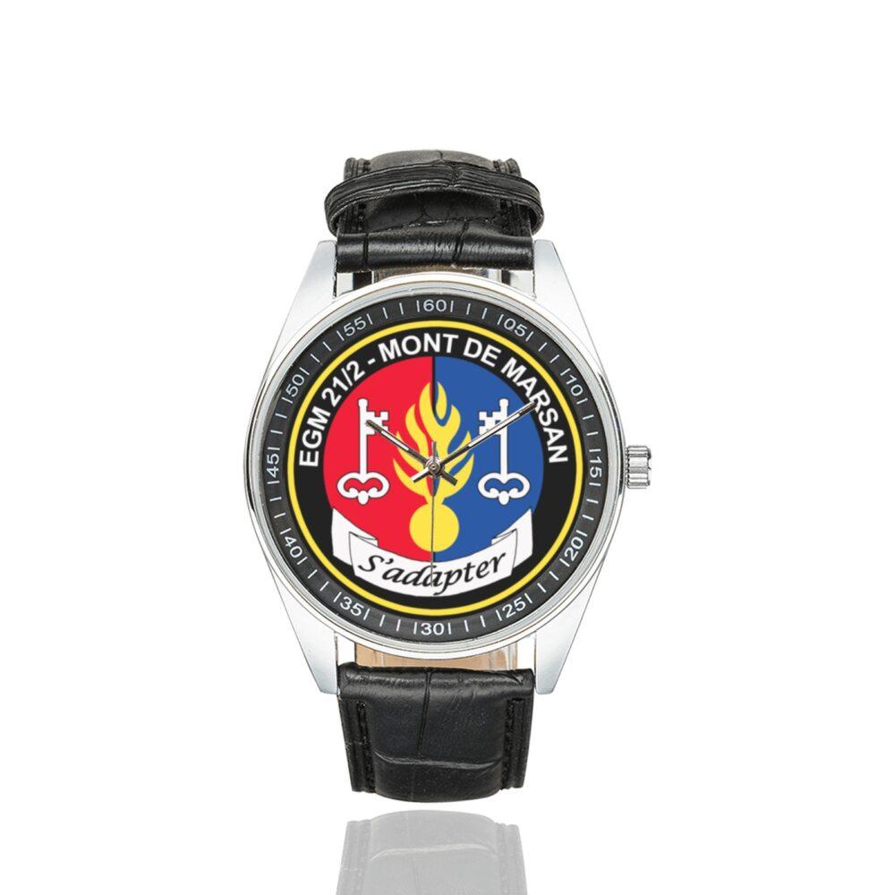 Men's casual watch with a round dial featuring the EGM 21-2 Mont-de-Marsan emblem, silver-tone case and black leather strap.