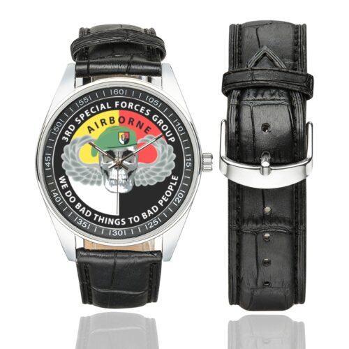 Men's casual watch with a round dial featuring the 3rd-special-forces emblem, silver-tone case and black leather strap, shown with the strap to the side.