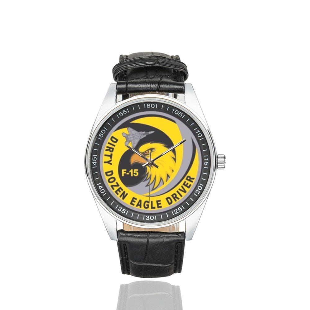 Men's casual watch with a round dial featuring the USAF 12th Fighter Squadron Dirty Dozen Eagle Driver emblem, silver-tone case and black leather strap.