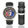 Men's casual watch with a round dial featuring the GIR Pays de la Loire emblem, silver-tone case and black leather strap, shown with the strap to the side.