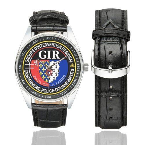 Men's casual watch with a round dial featuring the GIR Pays de la Loire emblem, silver-tone case and black leather strap, shown with the strap to the side.