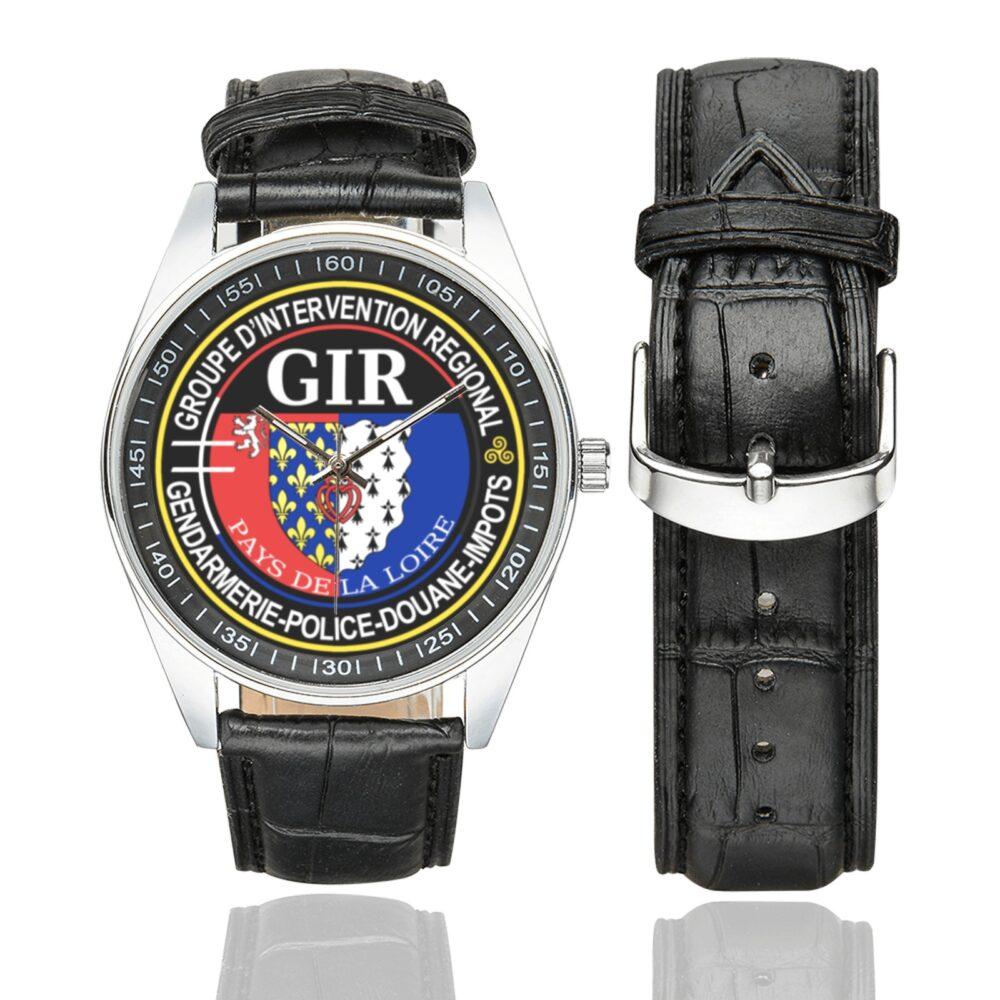 Men's casual watch with a round dial featuring the GIR Pays de la Loire emblem, silver-tone case and black leather strap, shown with the strap to the side.