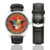 Men's casual watch with a round dial featuring the 1st Infantry Battalion International Legion Charlie company emblem, silver-tone case and black leather strap, shown with the strap to the side.