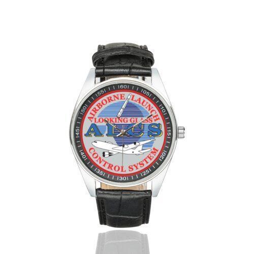 Men's casual watch with a round dial featuring the Airborne Launch Control Systems Looking Glass emblem, silver-tone case and black leather strap.