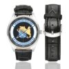 Men's casual watch with a round dial featuring the USAF 3d Space Experimentation Squadron emblem, silver-tone case and black leather strap, shown with the strap to the side.