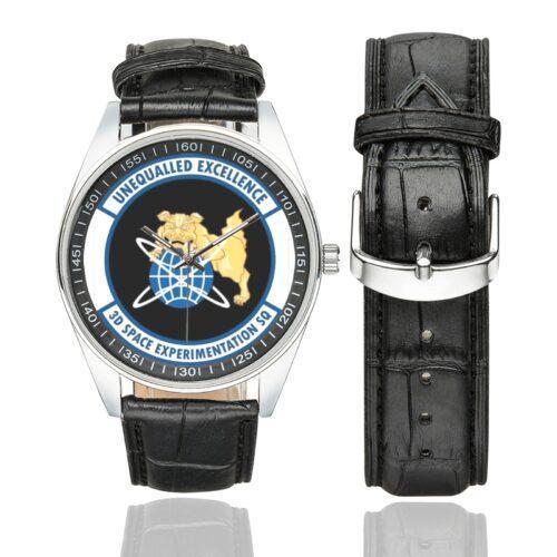 Men's casual watch with a round dial featuring the USAF 3d Space Experimentation Squadron emblem, silver-tone case and black leather strap, shown with the strap to the side.