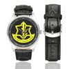 Men's casual watch with a round dial featuring the Israel Defense Forces emblem, silver-tone case and black leather strap, shown with the strap to the side.