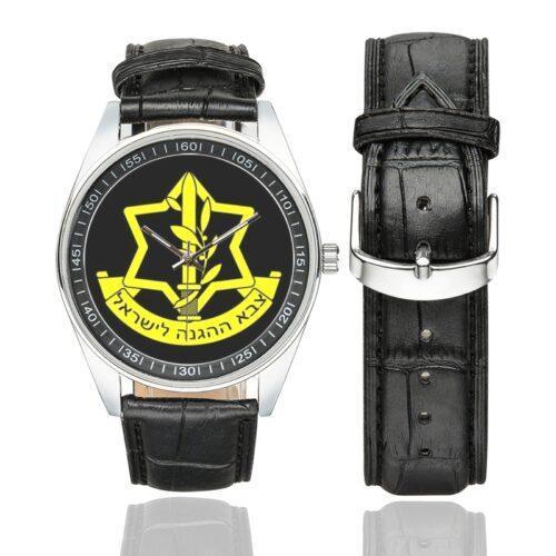 Men's casual watch with a round dial featuring the Israel Defense Forces emblem, silver-tone case and black leather strap, shown with the strap to the side.