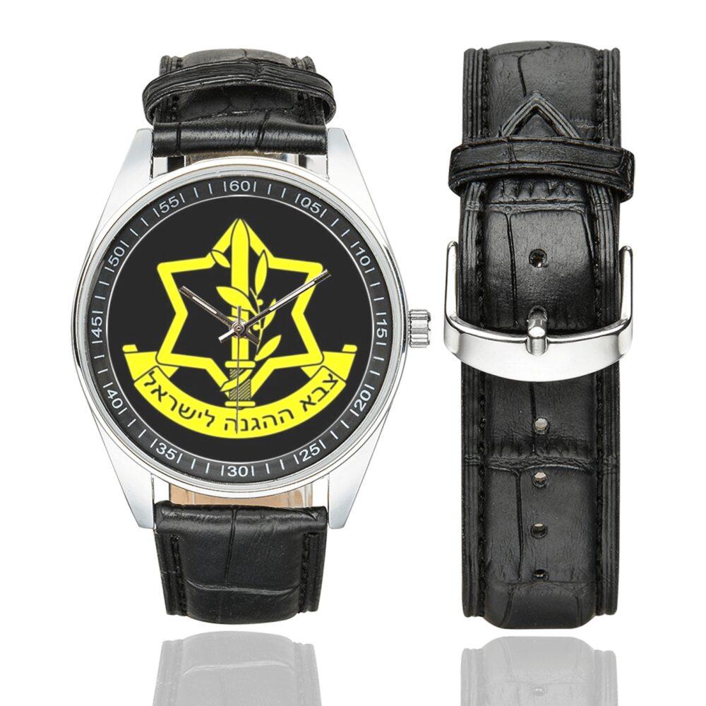 Men's casual watch with a round dial featuring the Israel Defense Forces emblem, silver-tone case and black leather strap, shown with the strap to the side.