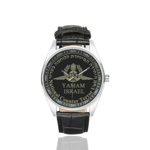Men's casual watch with a round dial featuring the Israeli National Counter Terror Unit emblem, silver-tone case and black leather strap.