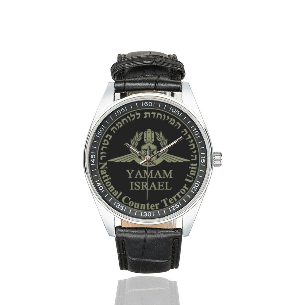 Men's casual watch with a round dial featuring the Israeli National Counter Terror Unit emblem, silver-tone case and black leather strap.