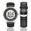 Men's casual watch with a round dial featuring the British MI6 Counter Intelligence emblem, silver-tone case and black leather strap, shown with the strap to the side.