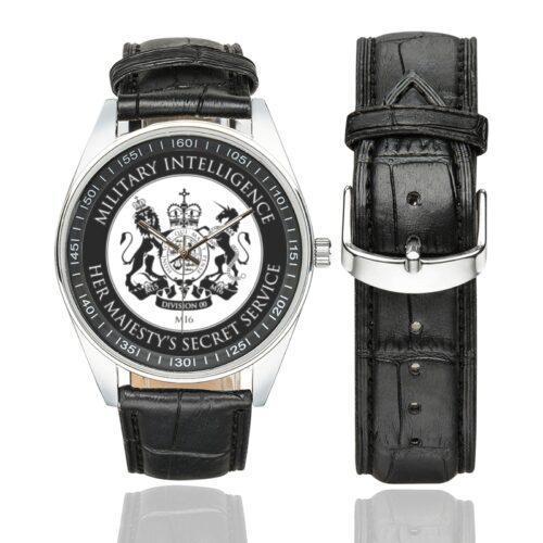 Men's casual watch with a round dial featuring the British MI6 Counter Intelligence emblem, silver-tone case and black leather strap, shown with the strap to the side.
