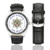 Men's casual watch with a round dial featuring the Irish Guards- The Micks emblem, silver-tone case and black leather strap, shown with the strap to the side.