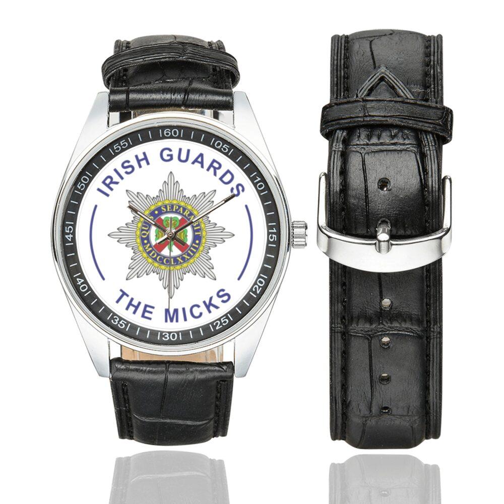 Men's casual watch with a round dial featuring the Irish Guards- The Micks emblem, silver-tone case and black leather strap, shown with the strap to the side.