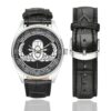 Men's casual watch with a round dial featuring the Explosive Ordnance Disposal emblem, silver-tone case and black leather strap, shown with the strap to the side.