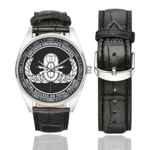 Men's casual watch with a round dial featuring the Explosive Ordnance Disposal emblem, silver-tone case and black leather strap, shown with the strap to the side.