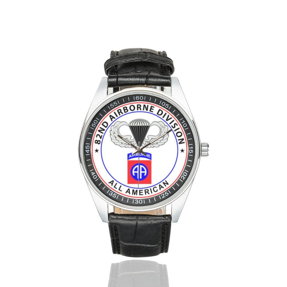 Men's casual watch with a round dial featuring the 82nd Airborne emblem, silver-tone case and black leather strap.