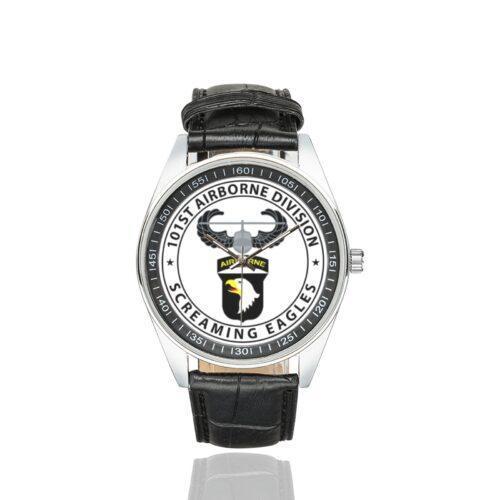 Men's casual watch with a round dial featuring the 101st Airborne Army Paratrooper emblem, silver-tone case and black leather strap.