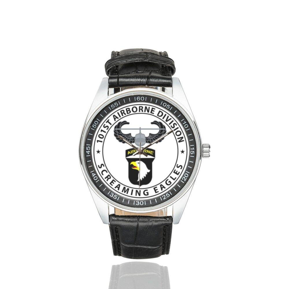 Men's casual watch with a round dial featuring the 101st Airborne Army Paratrooper emblem, silver-tone case and black leather strap.