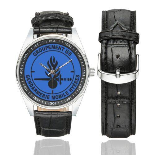 Men's casual watch with a round dial featuring the GGM 2-6 Hyeres emblem, silver-tone case and black leather strap, shown with the strap to the side.