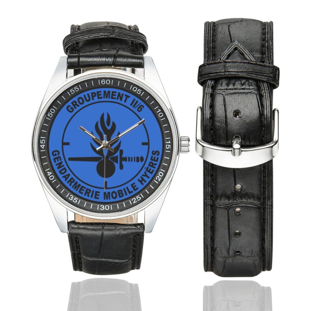 Men's casual watch with a round dial featuring the GGM 2-6 Hyeres emblem, silver-tone case and black leather strap, shown with the strap to the side.