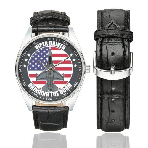 Men's casual watch with a round dial featuring the Viper Driver Bringing the Doom emblem, silver-tone case and black leather strap, shown with the strap to the side.