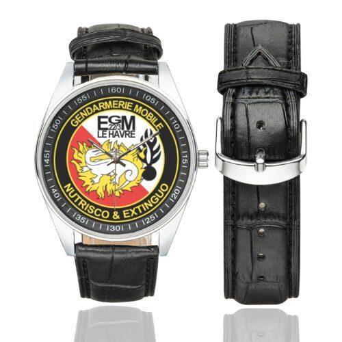 Men's casual watch with a round dial featuring the EGM 22-3 Le Havre emblem, silver-tone case and black leather strap, shown with the strap to the side.