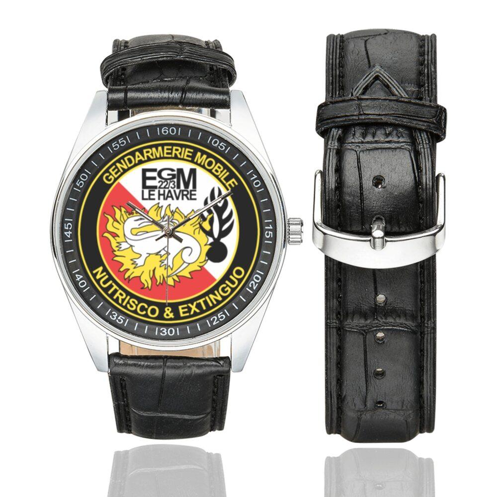 Men's casual watch with a round dial featuring the EGM 22-3 Le Havre emblem, silver-tone case and black leather strap, shown with the strap to the side.
