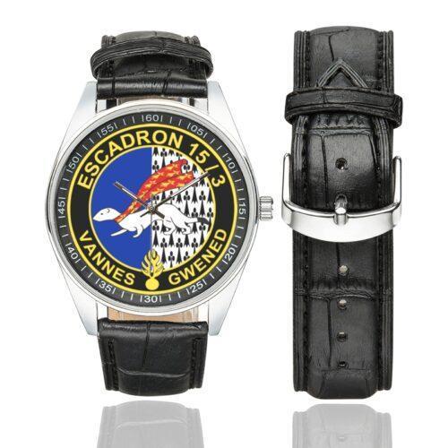 Men's casual watch with a round dial featuring the EGM 15-3 Vannes emblem, silver-tone case and black leather strap, shown with the strap to the side.