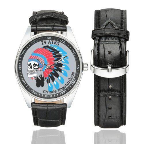 Men's casual watch with a round dial featuring the USAF 29th Attack Squadron emblem, silver-tone case and black leather strap, shown with the strap to the side.