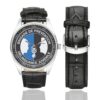 Men's casual watch with a round dial featuring the BPDJ emblem, silver-tone case and black leather strap, shown with the strap to the side.
