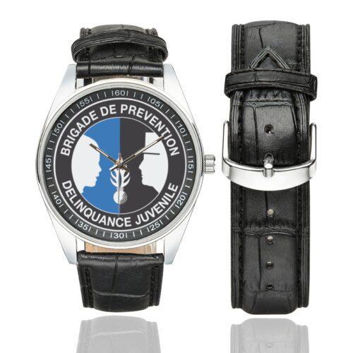Men's casual watch with a round dial featuring the BPDJ emblem, silver-tone case and black leather strap, shown with the strap to the side.