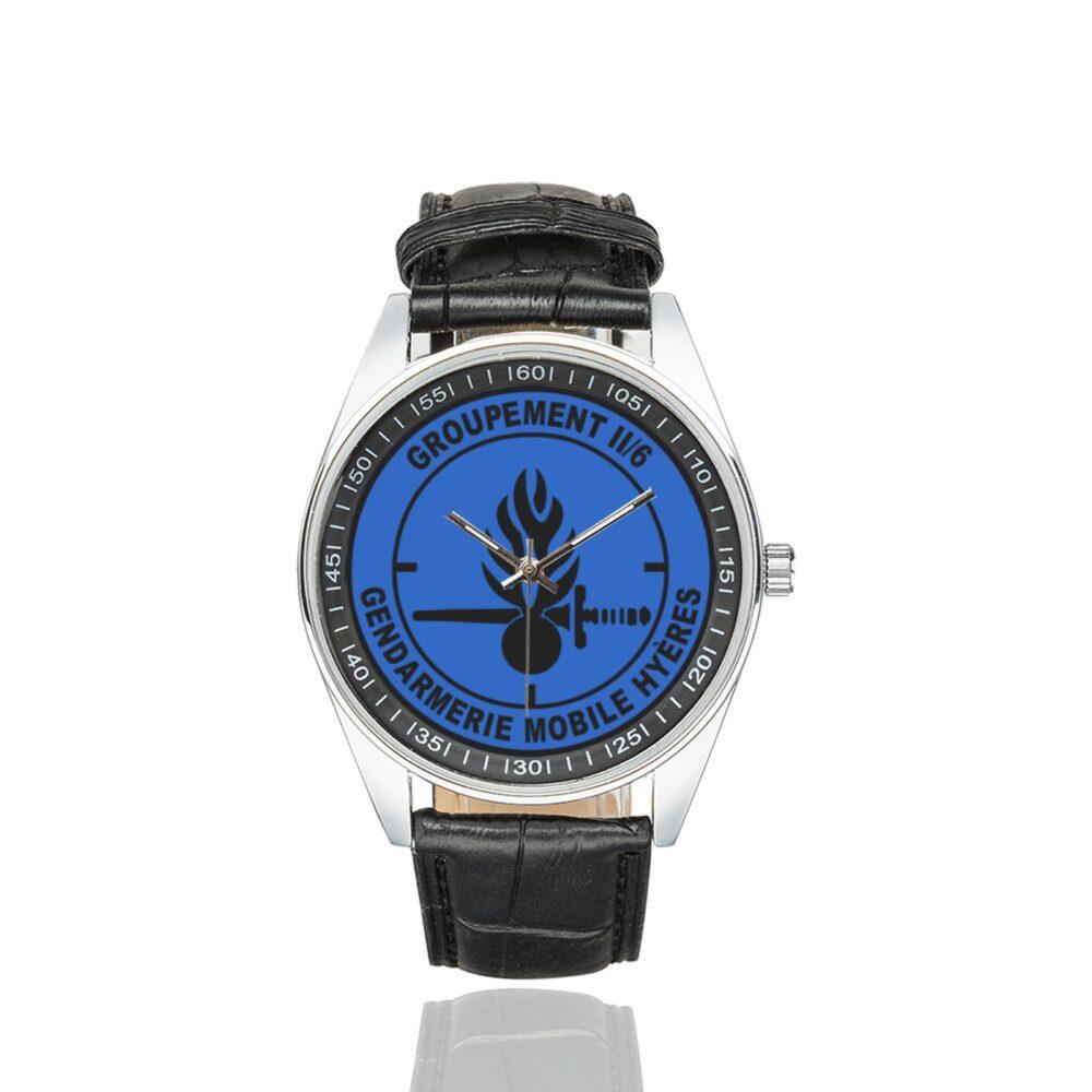 Men's casual watch with a round dial featuring the GGM 2-6 Hyeres emblem, silver-tone case and black leather strap.
