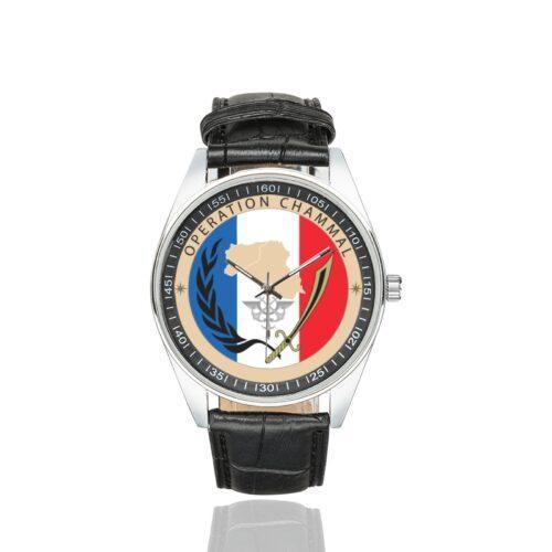 Men's casual watch with a round dial featuring the Opération Chammal emblem, silver-tone case and black leather strap.