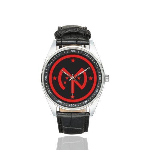 Men's casual watch with a round dial featuring the 27th Infantry Division SSI emblem, silver-tone case and black leather strap.