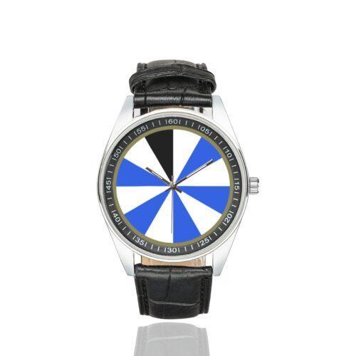 Men's casual watch with a round dial featuring the US 11th Infantry Division emblem, silver-tone case and black leather strap.