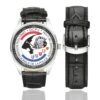Men's casual watch with a round dial featuring the DCPJ Lyon emblem, silver-tone case and black leather strap, shown with the strap to the side.