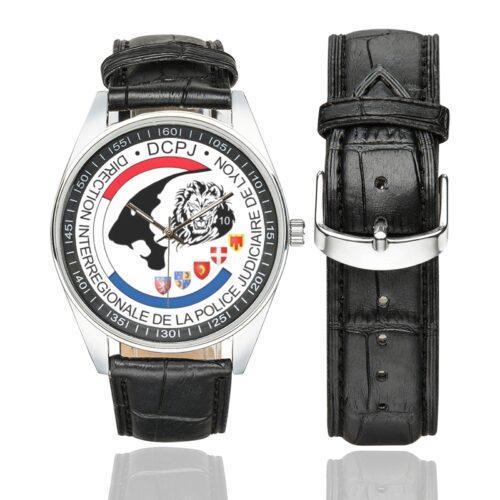 Men's casual watch with a round dial featuring the DCPJ Lyon emblem, silver-tone case and black leather strap, shown with the strap to the side.