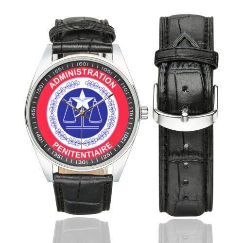Men's casual watch with a round dial featuring the Administration Pénitentiaire emblem, silver-tone case and black leather strap, shown with the strap to the side.