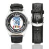 Men's casual watch with a round dial featuring the US Army 18th Airborne Corps Combat Veteran emblem, silver-tone case and black leather strap, shown with the strap to the side.