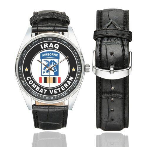 Men's casual watch with a round dial featuring the US Army 18th Airborne Corps Combat Veteran emblem, silver-tone case and black leather strap, shown with the strap to the side.
