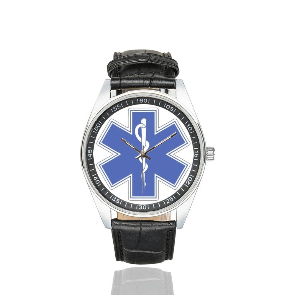 Men's casual watch with a round dial featuring the EMT Rescue Medic emblem, silver-tone case and black leather strap.