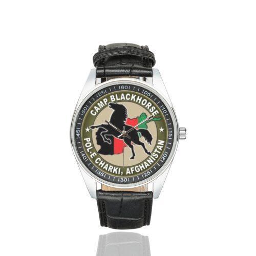 Men's casual watch with a round dial featuring the Camp Blackhorse POL-E Charki, Afghanistan emblem, silver-tone case and black leather strap.