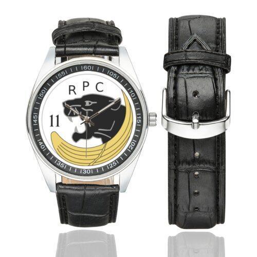 Men's casual watch with a round dial featuring the 11e régiment parachutiste de choc emblem, silver-tone case and black leather strap, shown with the strap to the side.