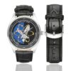 Men's casual watch with a round dial featuring the PSPG emblem, silver-tone case and black leather strap, shown with the strap to the side.