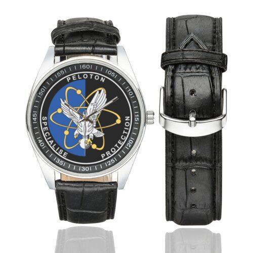Men's casual watch with a round dial featuring the PSPG emblem, silver-tone case and black leather strap, shown with the strap to the side.