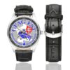 Men's casual watch with a round dial featuring the GFAG EST emblem, silver-tone case and black leather strap, shown with the strap to the side.