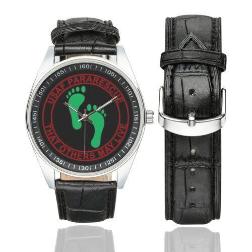 Men's casual watch with a round dial featuring the PJ Air Force Combat Rescue emblem, silver-tone case and black leather strap, shown with the strap to the side.